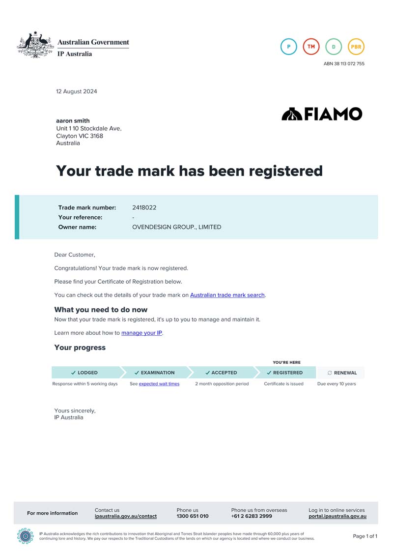 FIAMO Australian Trademark